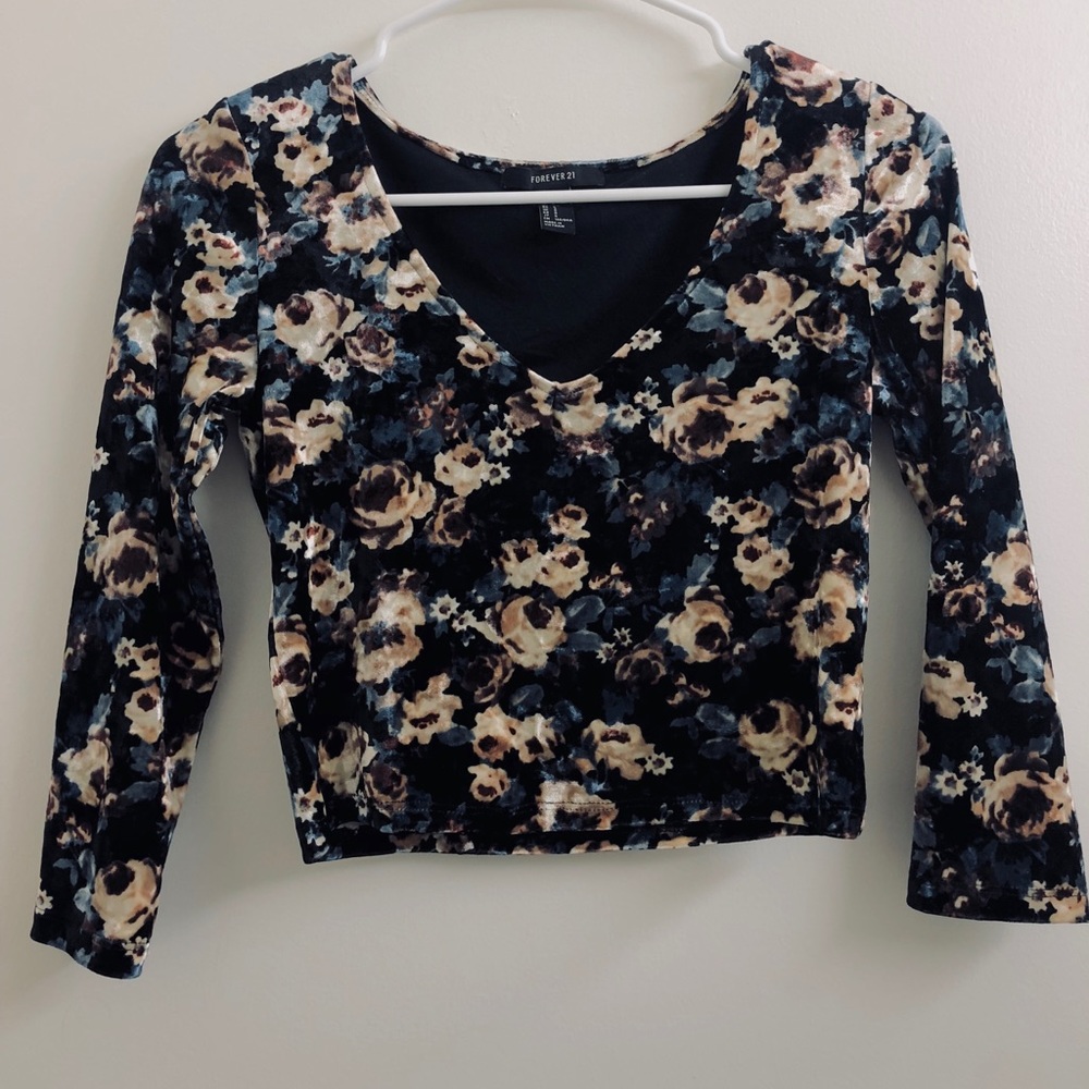 Forever 21 Floral Velvet Quarter Sleve Crop Top